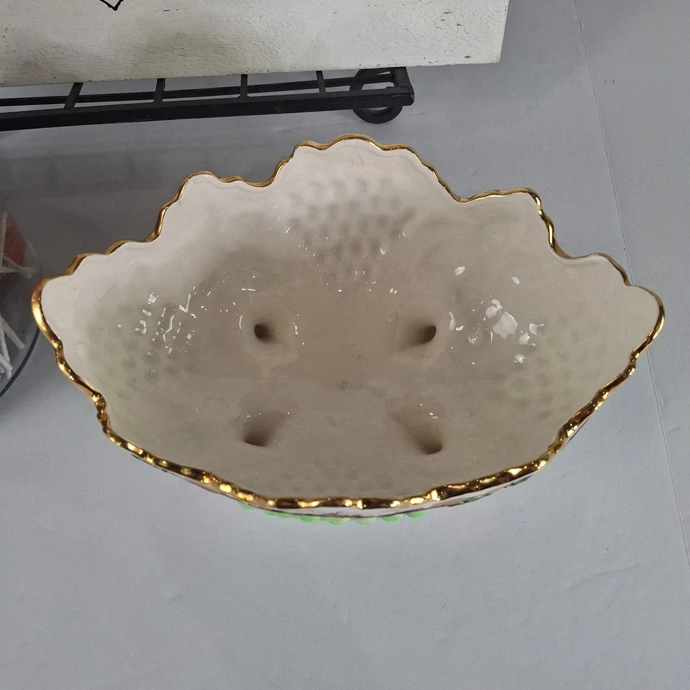 Vintage 1960 Signed SLF Ceramic Footed Bowl Green Grapes Gold Gilt Scalloped Rim